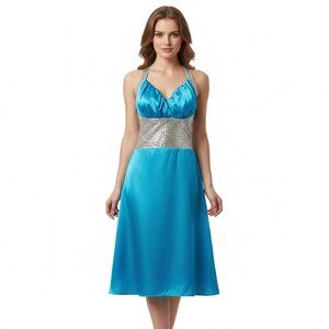 Turquoise Satin and Silver Sequin Cocktail Dress